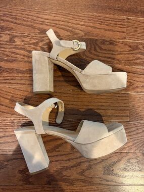 Marc Fisher Suede Platform Block Heel Sandal in Beige